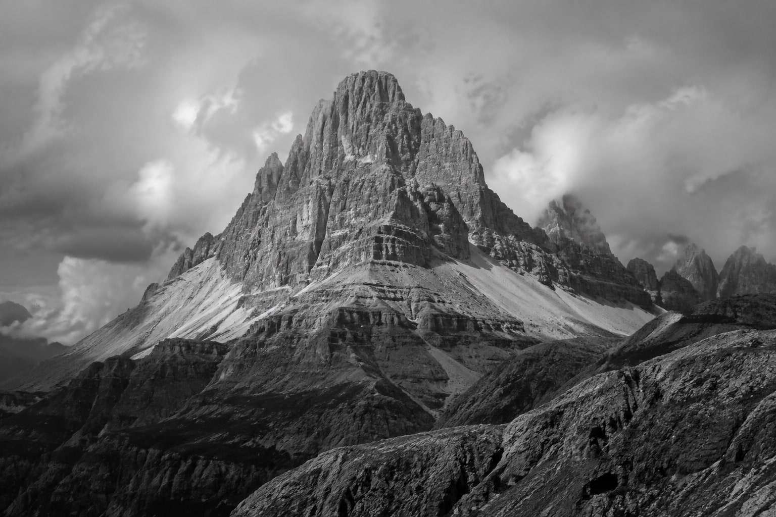 Black and white Alpine landscape, illustrating resilience